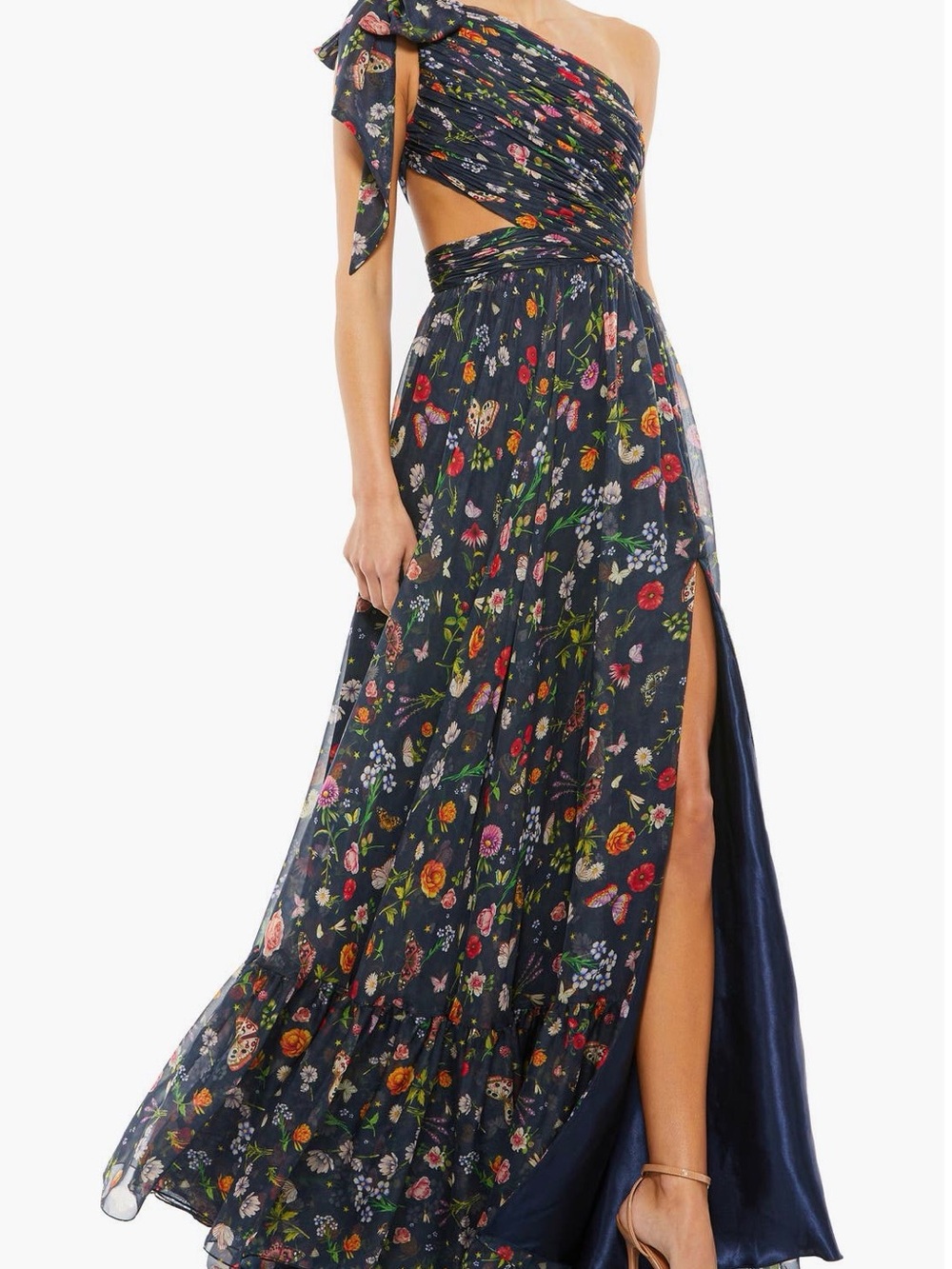 Mac Duggal Navy Floral One-Shoulder Cutout Maxi Dress - NWT